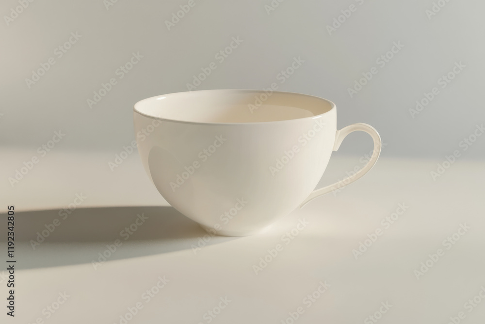 Empty white teacup on a minimalist background. Soft light creates a gentle shadow. Empty white teacup on a minimalist background. Soft light creates a gentle shadow.