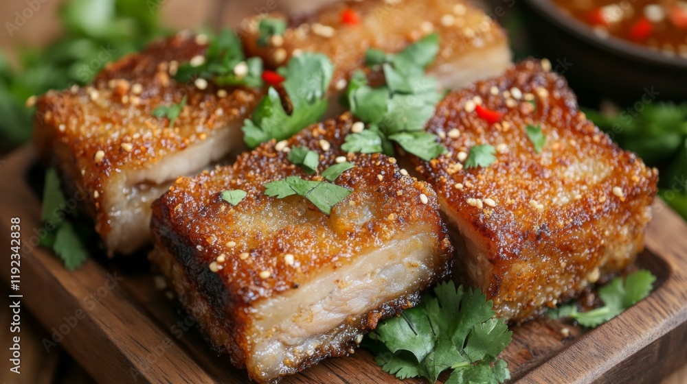 A dish of crispy pork belly, the golden edges highlighted, topped with a drizzle of fish sauce and surrounded by fresh herbs, resting on a wooden surface A dish of crispy pork belly, the golden edges highlighted, topped with a drizzle of fish sauce and surrounded by fresh herbs, resting on a wooden surface