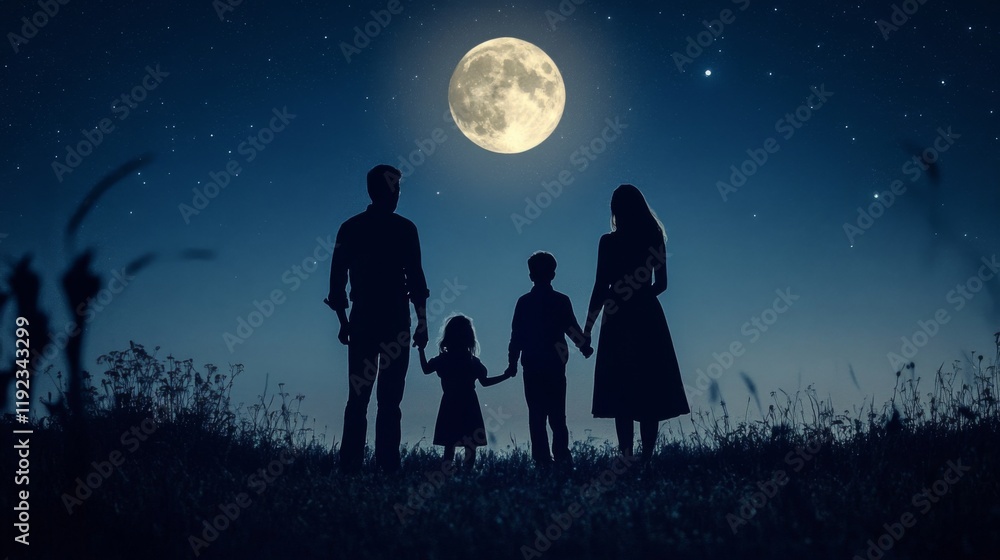 A family silhouette framed by the light of the full moon, standing together with the night sky as the backdrop, evoking a sense of peace and unity A family silhouette framed by the light of the full moon, standing together with the night sky as the backdrop, evoking a sense of peace and unity