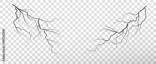 Realistic lightning flash effect, thunderstorm and lightning. Shining white lightning isolated on transparent background, natural phenomenon png. Black lightning.