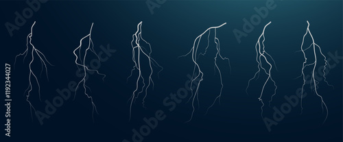 Realistic lightning flash effect, thunderstorm and lightning. Shining white lightning isolated on transparent background, natural phenomenon png. Black lightning.