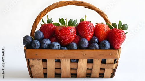 12. A wooden basket filled with fresh cherries, strawberries, and blueberries against a pristine white backdrop