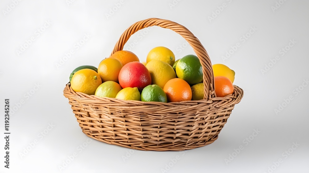 5. A wicker basket filled with colorful citrus fruits such as lemons, limes, and oranges placed on a white backdrop 5. A wicker basket filled with colorful citrus fruits such as lemons, limes, and oranges placed on a white backdrop