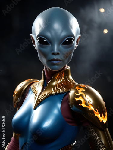 A futuristic warrior in a sleek blue suit with golden armor, featuring flame designs on the shoulder pads, stands against a dark, smoky background