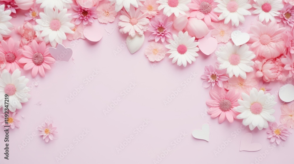 Delicate Pink Flower Layout with Heart Accents on Soft Paper Background for Creative Design Projects and Celebrations Delicate Pink Flower Layout with Heart Accents on Soft Paper Background for Creative Design Projects and Celebrations