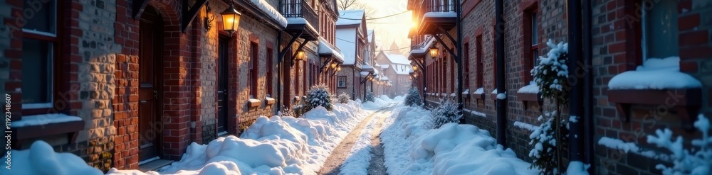 Fototapeta premium Narrow alley, snow-covered buildings, soft morning light, peaceful, winter morning