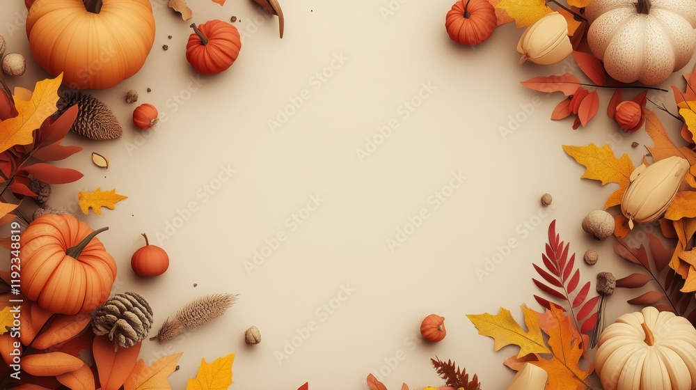 Fototapeta premium Autumn Harvest Thanksgiving Background: Pumpkins, Leaves, and Fall Decorations