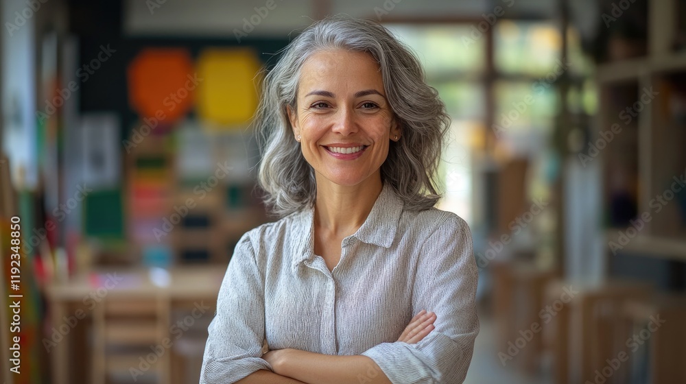 Smiling teacher with crossed arms posing in classroom Smiling teacher with crossed arms posing in classroom