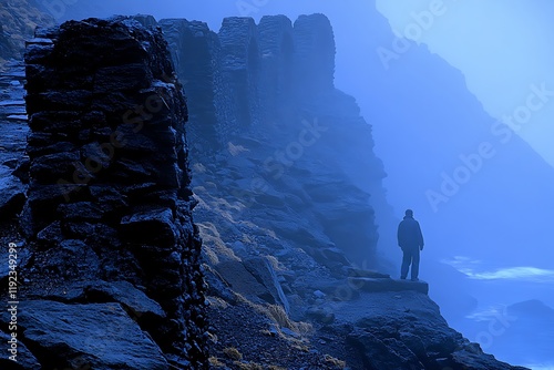 A lone man stands on a misty cliff edge, contemplating the vast ocean. photo