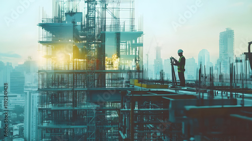 Future building construction engineering project devotion with double exposure graphic design. Building engineer, architect people or construction worker working with modern civil teamwork
