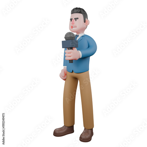 Engaging Studio Broadcaster 3D Model. A male TV presenter stands with his right hand clenched, and holding a microphone with his left hand. Cartoon Style