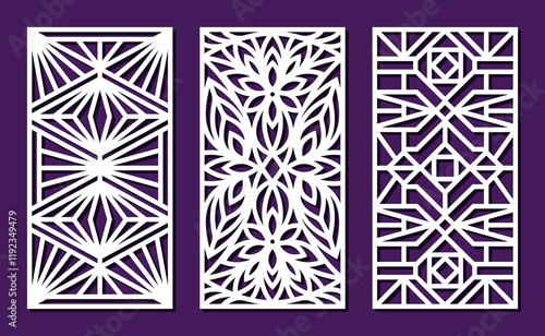 Set of decorative panels. Rectangular lattices with geometric linear pattern, openwork floral ornament. Template for plotter laser cutting of paper, fretwork, wood carving, metal engraving, cnc. 