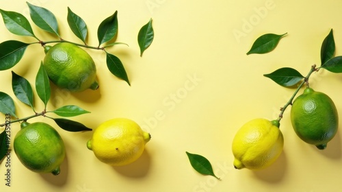 Wallpaper Mural Vibrant citrus fruits arranged with lush green leaves on a cheerful yellow backdrop, creating a refreshing and zesty visual delight Torontodigital.ca