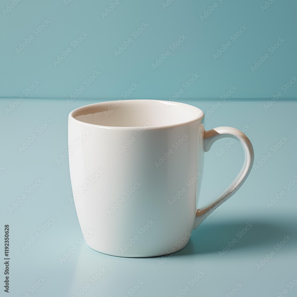 Fototapeta premium Blank white mug mockup on blue background.