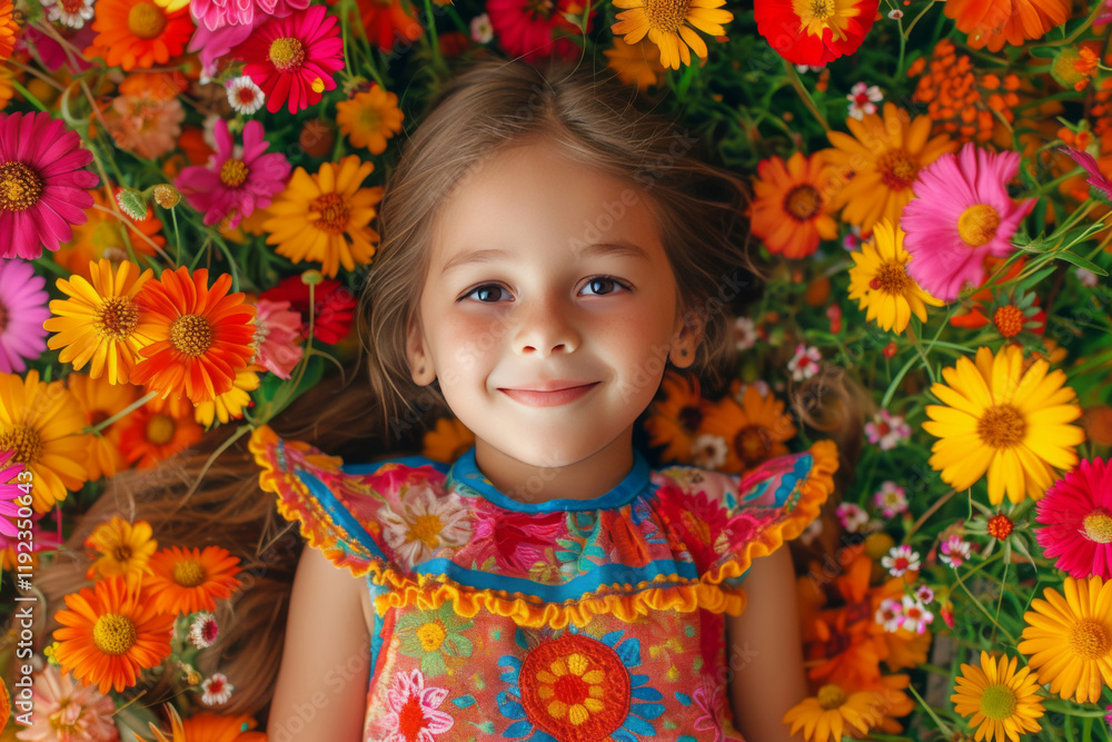 Cheerful young girl lying in vibrant field of wildflowers, radiating joy and happiness amidst colorful blooms, embodying spirit of youthful exuberance and connection with nature Cheerful young girl lying in vibrant field of wildflowers, radiating joy and happiness amidst colorful blooms, embodying spirit of youthful exuberance and connection with nature