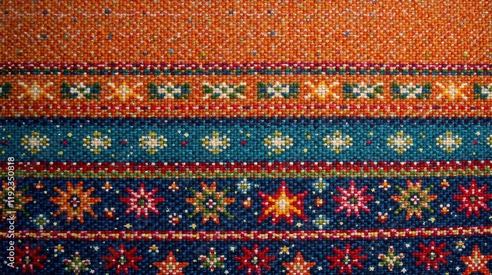 Vibrant Tapestry with Intricate Floral and Geometric Patterns Woven in Rich Hues of Orange, Teal, and Deep Blue
