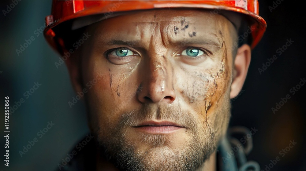 Close-up portrait of a determined construction worker, his face bearing the marks of hard labor, reflecting resilience and strength in the face of challenges. Close-up portrait of a determined construction worker, his face bearing the marks of hard labor, reflecting resilience and strength in the face of challenges.