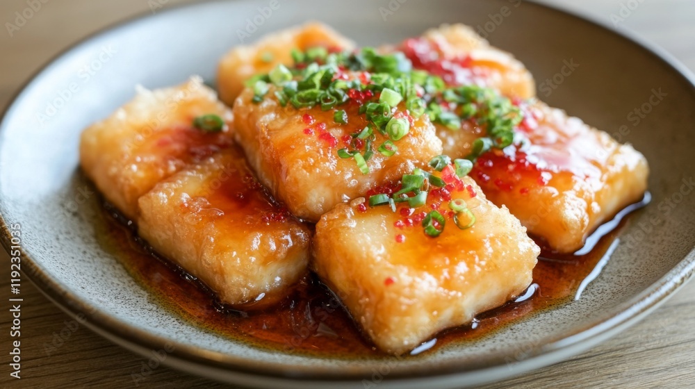 A plate of crispy fried seabass topped with a shiny fish sauce glaze, placed on a rustic wooden table with a soft natural light illuminating the dish's textures A plate of crispy fried seabass topped with a shiny fish sauce glaze, placed on a rustic wooden table with a soft natural light illuminating the dish's textures