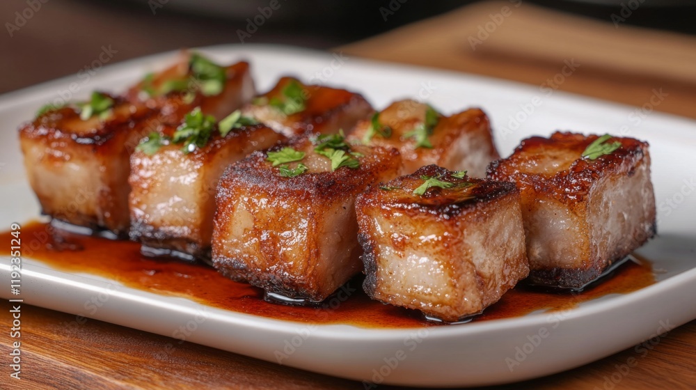 A plate of fried pork belly, crispy and golden, drizzled with fish sauce, with a light garnish of herbs, set on a wooden surface with subtle ambient light highlighting the texture A plate of fried pork belly, crispy and golden, drizzled with fish sauce, with a light garnish of herbs, set on a wooden surface with subtle ambient light highlighting the texture