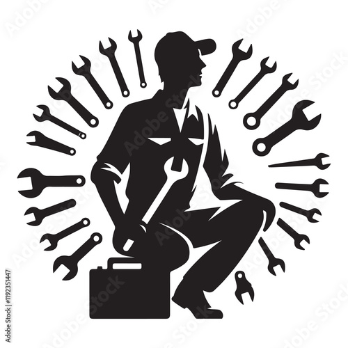 Mechanic Silhouette Vector Illustration, Solid White Background.