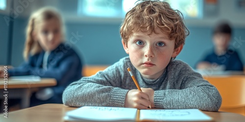 A focused young boy sits at his desk in a classroom. He is deep in thought, holding a pencil and looking at his notebook. The setting suggests a learning environment. AI