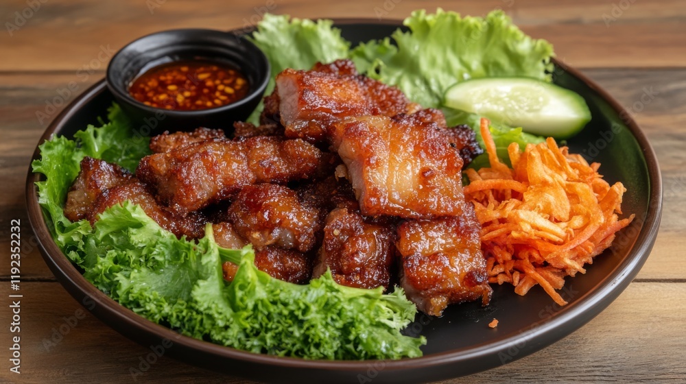 A plate of perfectly fried pork belly with a crispy, golden texture, drizzled with savory fish sauce, set against a rustic wooden table with natural lighting A plate of perfectly fried pork belly with a crispy, golden texture, drizzled with savory fish sauce, set against a rustic wooden table with natural lighting