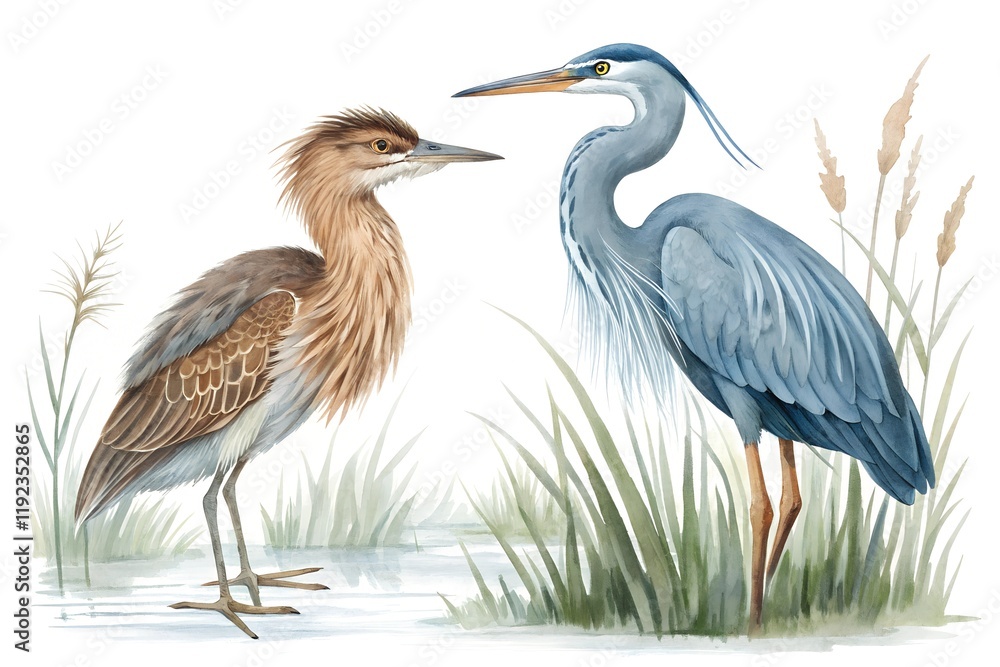 Fototapeta premium Watercolor Illustration of Bittern and Heron Birds Set