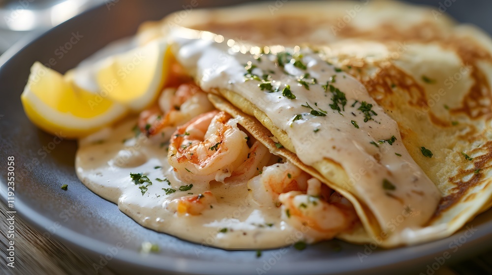 Seafood crepe filled with shrimp, crab, and creamy sauce. Seafood crepe filled with shrimp, crab, and creamy sauce.