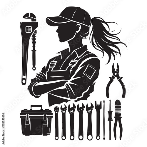 Mechanic Silhouette Vector Illustration, Solid White Background.