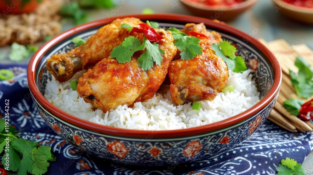 A serving of golden fried chicken alongside a bowl of steamed rice, garnished with fresh cilantro and chili, placed on a traditional Thai-style plate with a vibrant backdrop A serving of golden fried chicken alongside a bowl of steamed rice, garnished with fresh cilantro and chili, placed on a traditional Thai-style plate with a vibrant backdrop