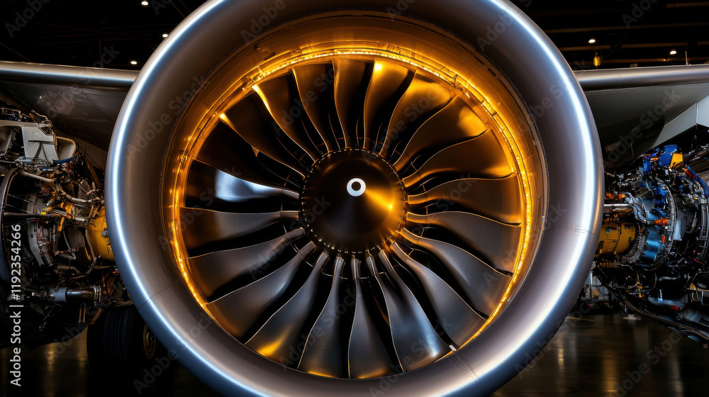 Fototapeta premium close up view of jet engine turbine showcasing intricate details and lighting