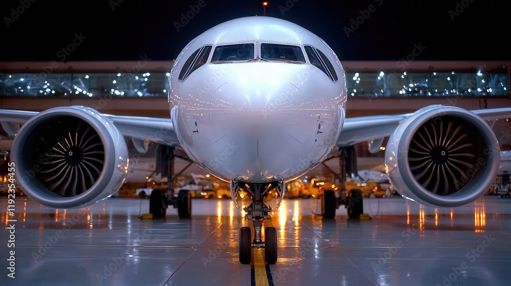 sleek aircraft in hangar, showcasing its engines and polished exterior sleek aircraft in hangar, showcasing its engines and polished exterior