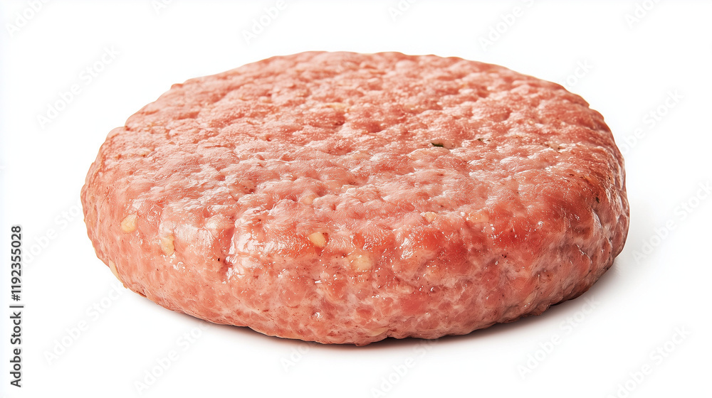 Raw Ground Beef Patty: A close-up shot of a raw ground beef patty, ready for grilling. The patty is perfectly formed, showcasing the texture and marbling of the meat. Raw Ground Beef Patty: A close-up shot of a raw ground beef patty, ready for grilling. The patty is perfectly formed, showcasing the texture and marbling of the meat.