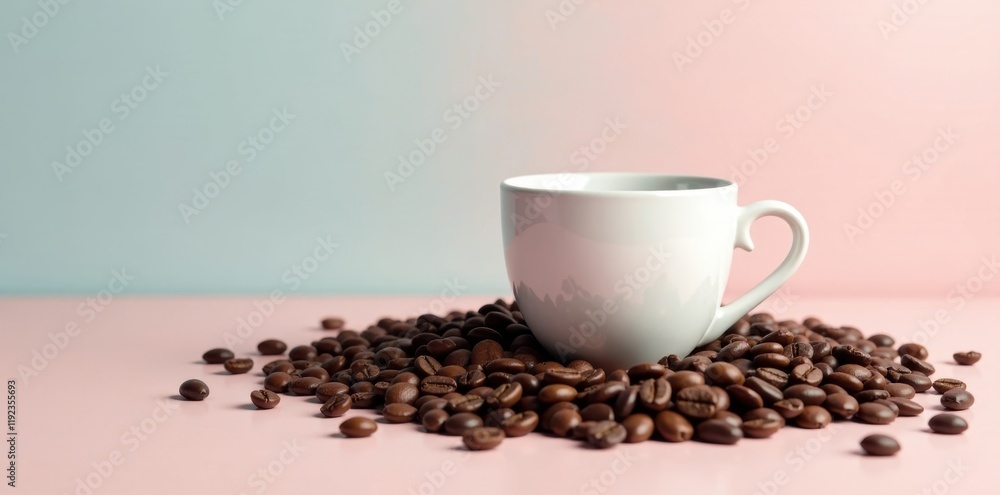 A simple white cup nestled amongst a generous pile of aromatic coffee beans, set against a soft, pastel backdrop. A simple white cup nestled amongst a generous pile of aromatic coffee beans, set against a soft, pastel backdrop.