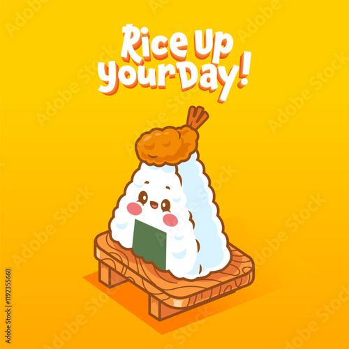 Cute onigiri with tempura topping, cheerful design.