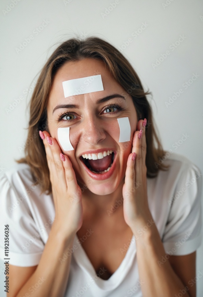 Woman with stickers on face screaming in front of white wall Woman with stickers on face screaming in front of white wall