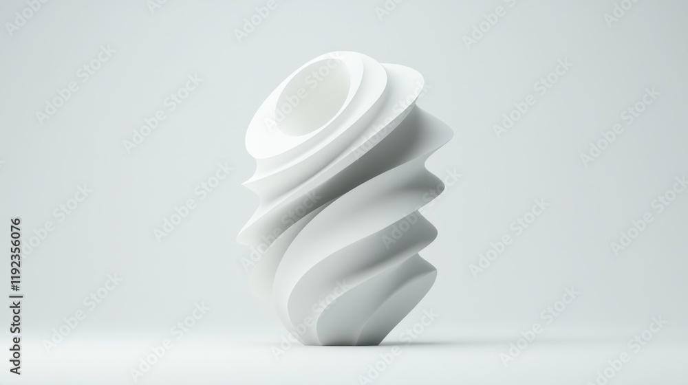 Sculptural minimalism: abstract white porcelain spiral vase on soft gray background Sculptural minimalism: abstract white porcelain spiral vase on soft gray background