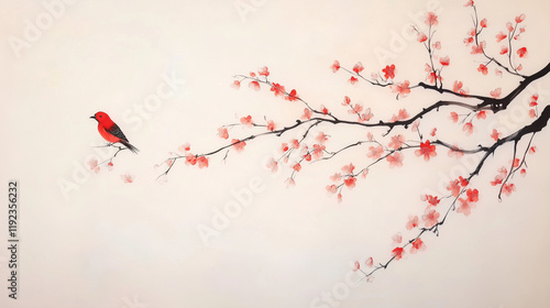 Red Bird on Cherry Blossom ...