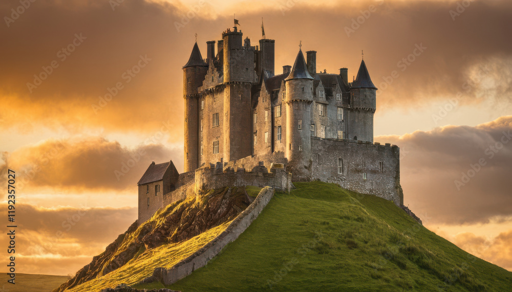 Majestic Irish castle on green hill with golden sunset Majestic Irish castle on green hill with golden sunset