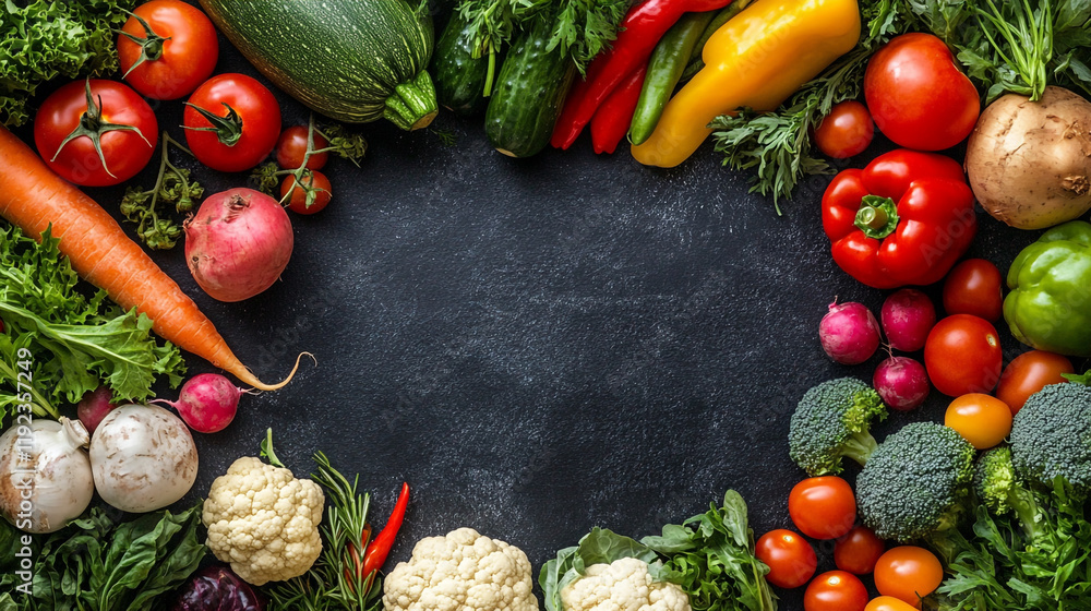 Fresh vegetables arranged around a dark surface for a healthy meal preparation Fresh vegetables arranged around a dark surface for a healthy meal preparation