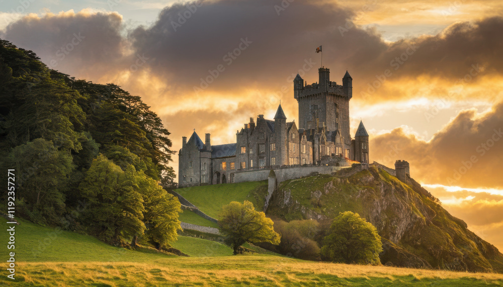 Majestic Irish castle on green hill with golden sunset Majestic Irish castle on green hill with golden sunset