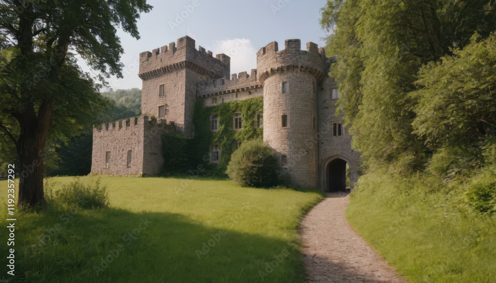 Ancient stone castle surrounded by lush green grass Ancient stone castle surrounded by lush green grass