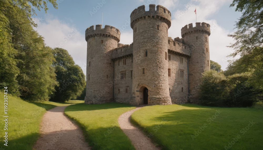 Ancient stone castle surrounded by lush green grass Ancient stone castle surrounded by lush green grass