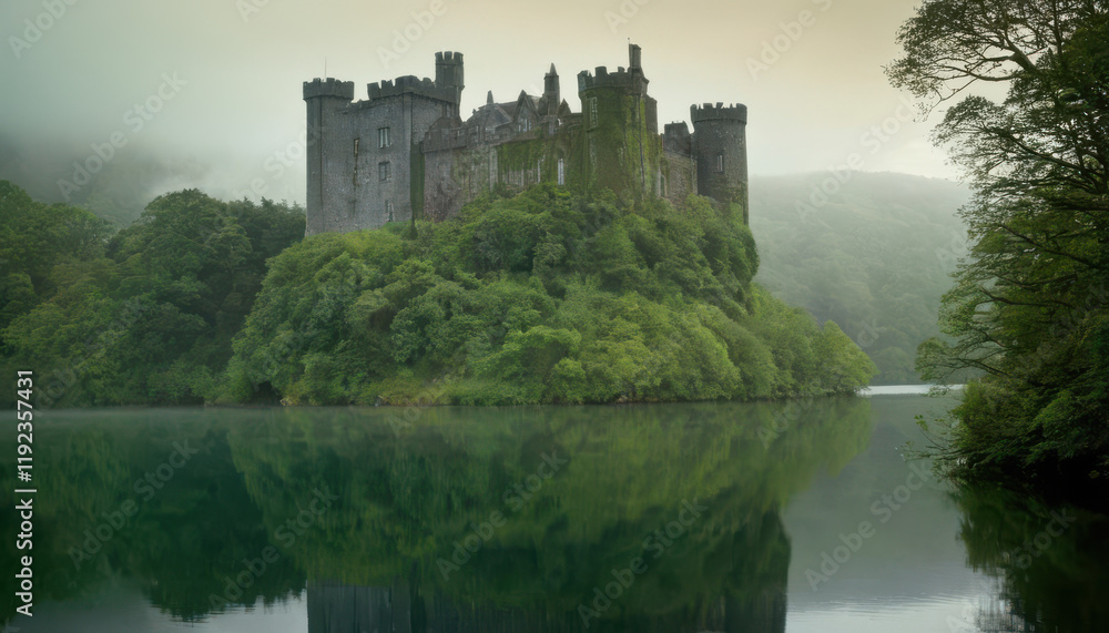 Misty Irish castle overlooking serene lake with rich tones Misty Irish castle overlooking serene lake with rich tones