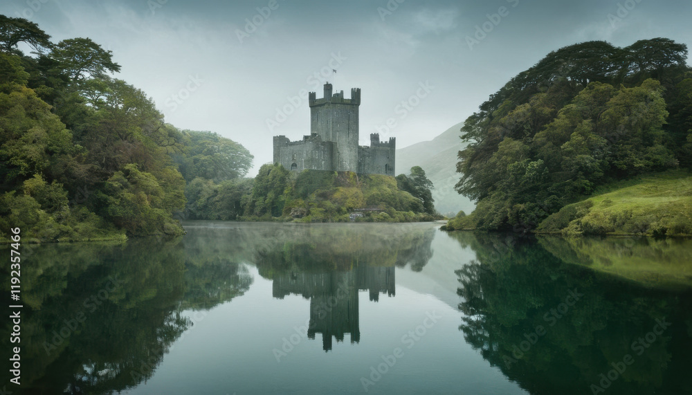 Misty Irish castle overlooking serene lake with rich tones
