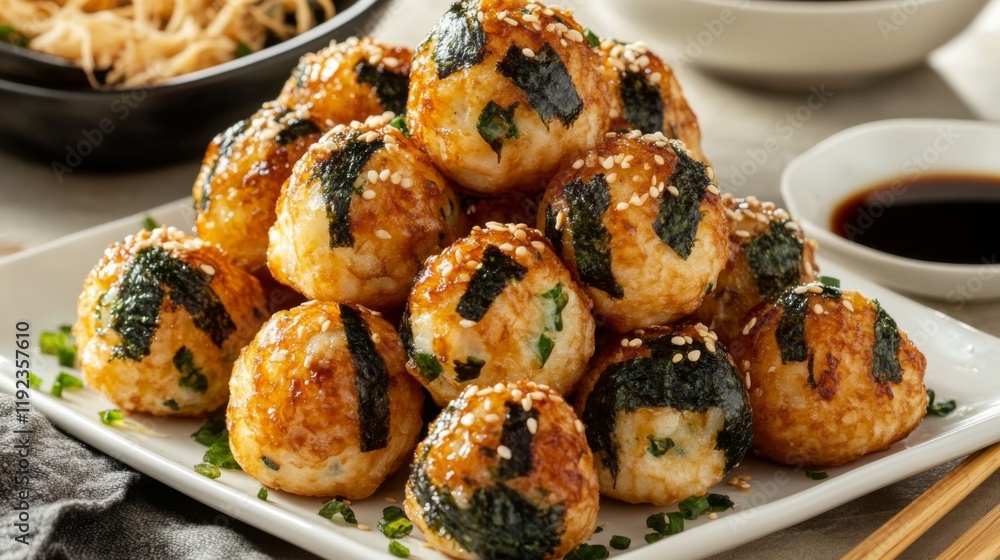 A stack of crispy, golden takoyaki balls arranged on a white plate, garnished with nori and bonito flakes, accompanied by a dipping sauce A stack of crispy, golden takoyaki balls arranged on a white plate, garnished with nori and bonito flakes, accompanied by a dipping sauce