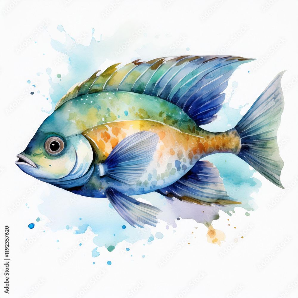 Fototapeta premium Watercolor cute fish, sea animal on white background. Aquatic life, marine creature, wildlife nature
