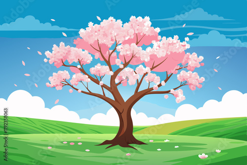 Beautiful blossoming tree in spring on a rural field with blue  vector art illustration