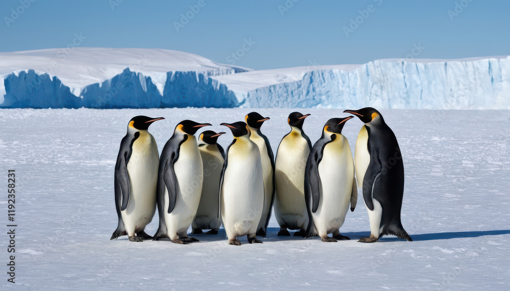 Obraz premium Group of emperor penguins huddled on icy terrain with glaciers and bright blue sky.