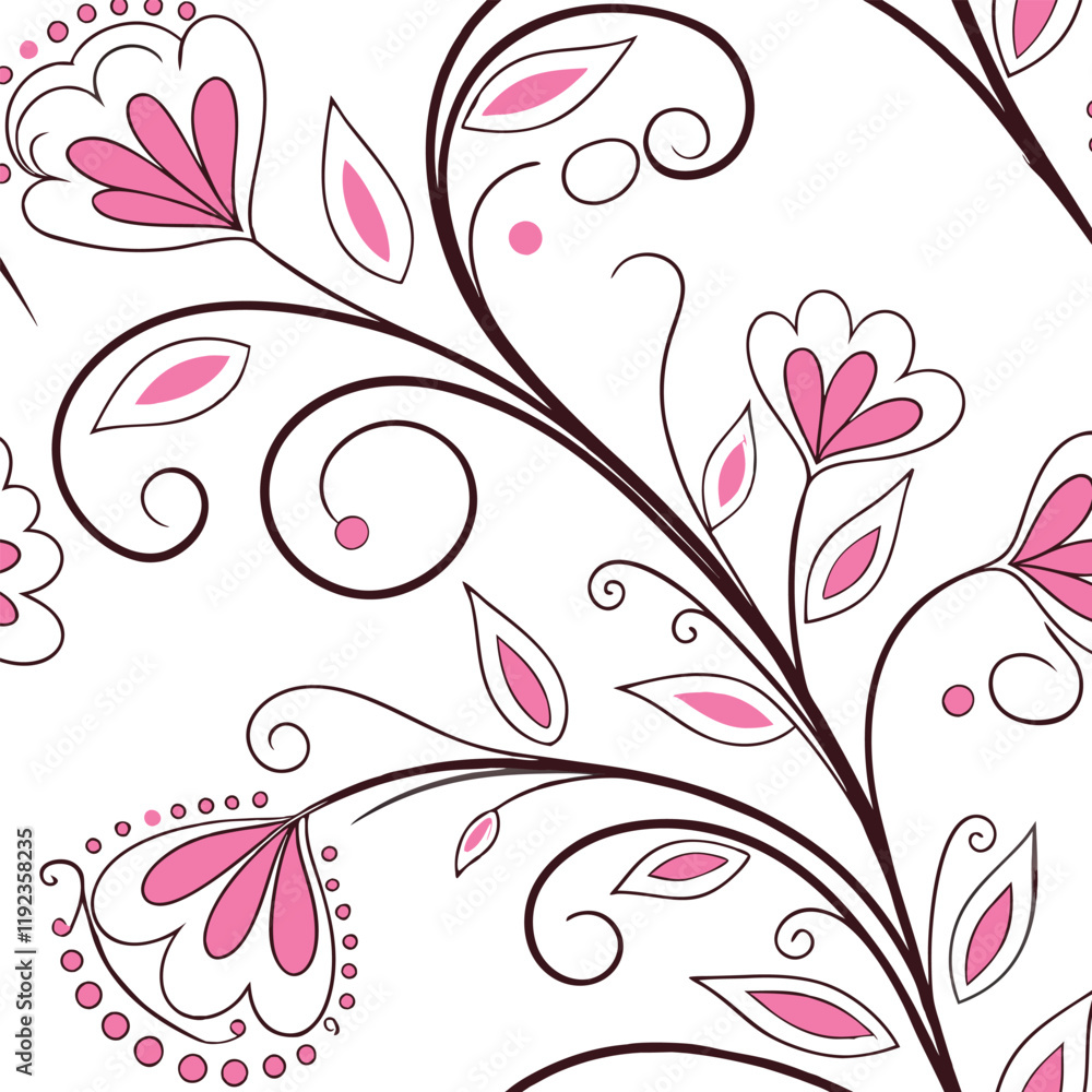 A beautiful, repeating floral pattern featuring stylized pink flowers and leaves on a white background with dark brown/black swirling vines. A beautiful, repeating floral pattern featuring stylized pink flowers and leaves on a white background with dark brown/black swirling vines.